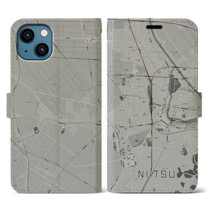 【新津（新潟県）】地図柄iPhoneケース（手帳タイプ）モノトーン・iPhone 13 用