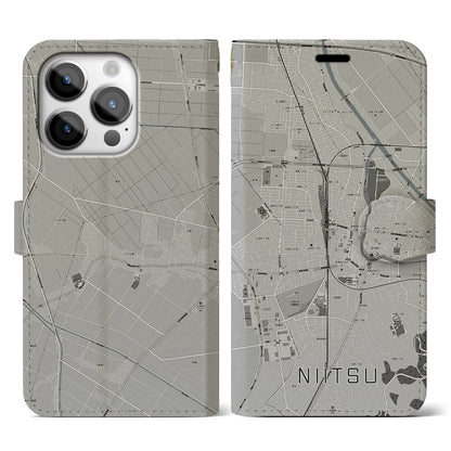 【新津（新潟県）】地図柄iPhoneケース（手帳タイプ）モノトーン・iPhone 14 Pro 用