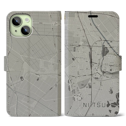 【新津（新潟県）】地図柄iPhoneケース（手帳タイプ）モノトーン・iPhone 15 用