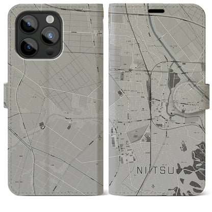 【新津（新潟県）】地図柄iPhoneケース（手帳タイプ）モノトーン・iPhone 15 Pro Max 用