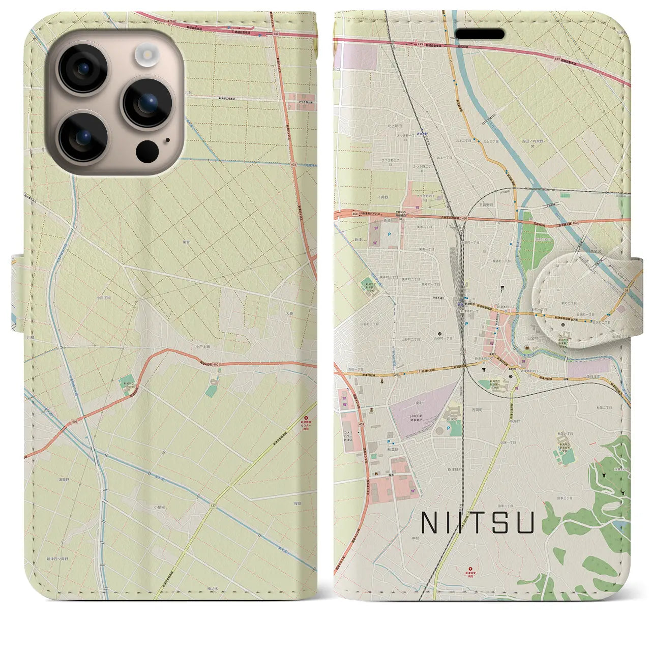 【新津（新潟県）】地図柄iPhoneケース（手帳タイプ）ナチュラル・iPhone 16 Plus 用