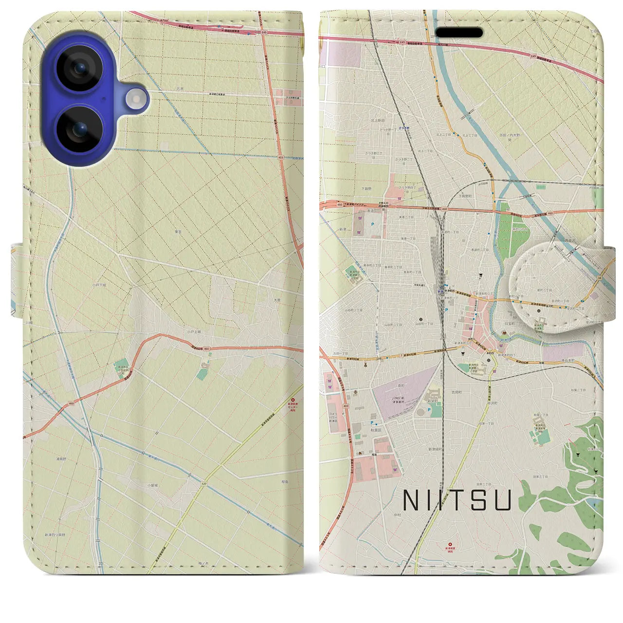 【新津（新潟県）】地図柄iPhoneケース（手帳タイプ）ナチュラル・iPhone 16 Pro Max 用