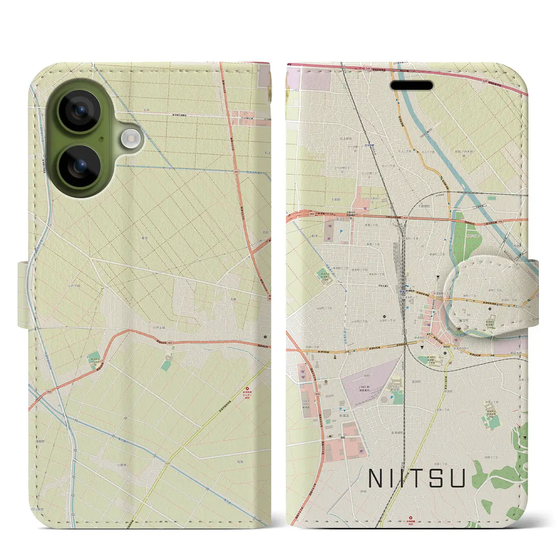 【新津（新潟県）】地図柄iPhoneケース（手帳タイプ）モノトーン・iPhone 17 Pro Max 用