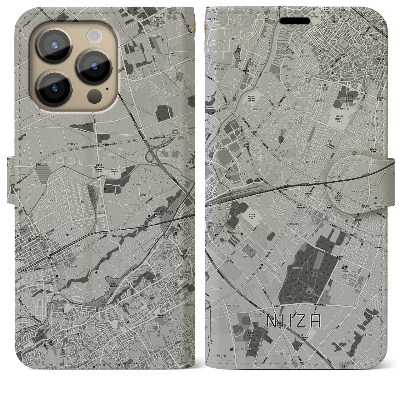 【新座】地図柄iPhoneケース（手帳両面タイプ・モノトーン）iPhone 14 Pro Max 用