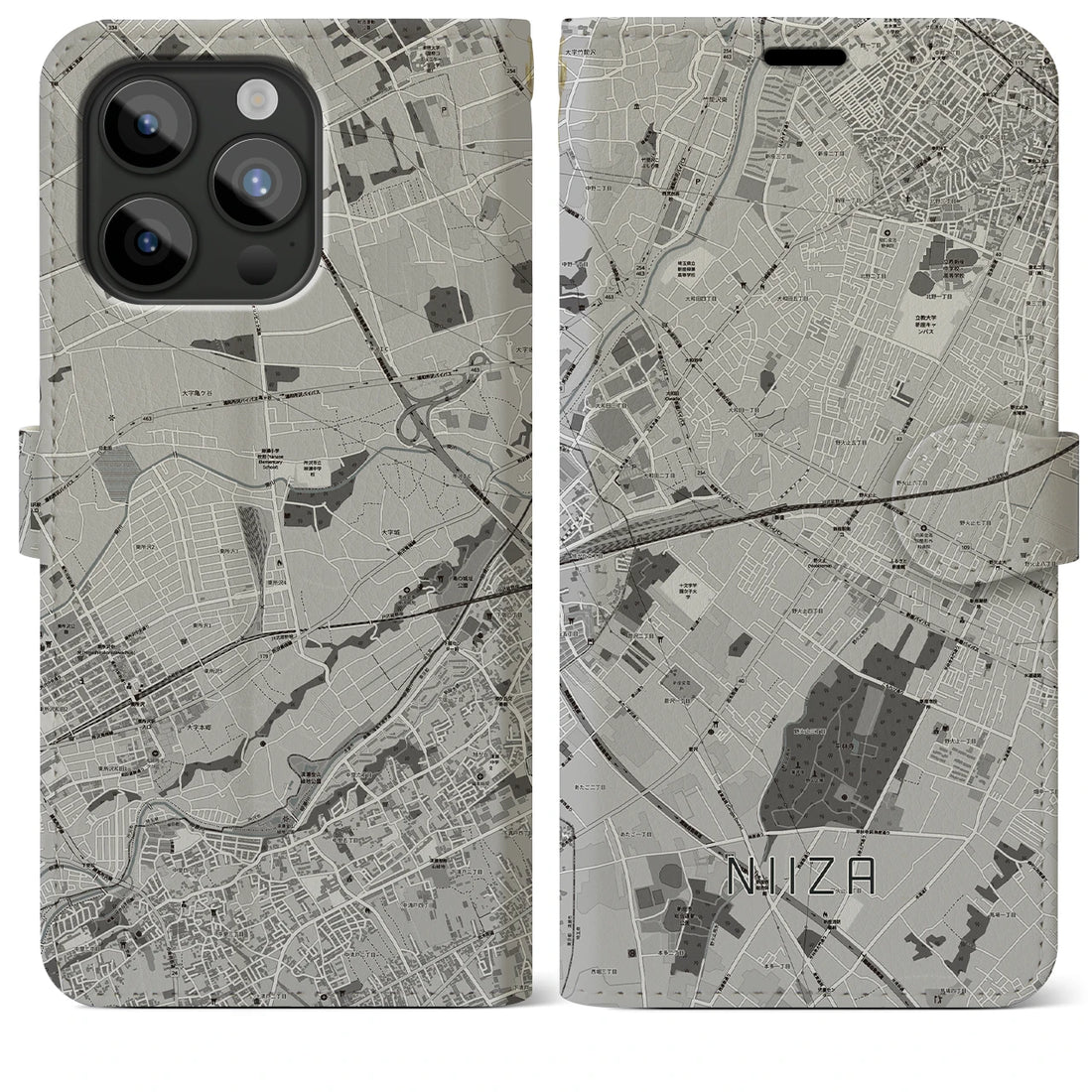 【新座】地図柄iPhoneケース（手帳両面タイプ・モノトーン）iPhone 15 Pro Max 用
