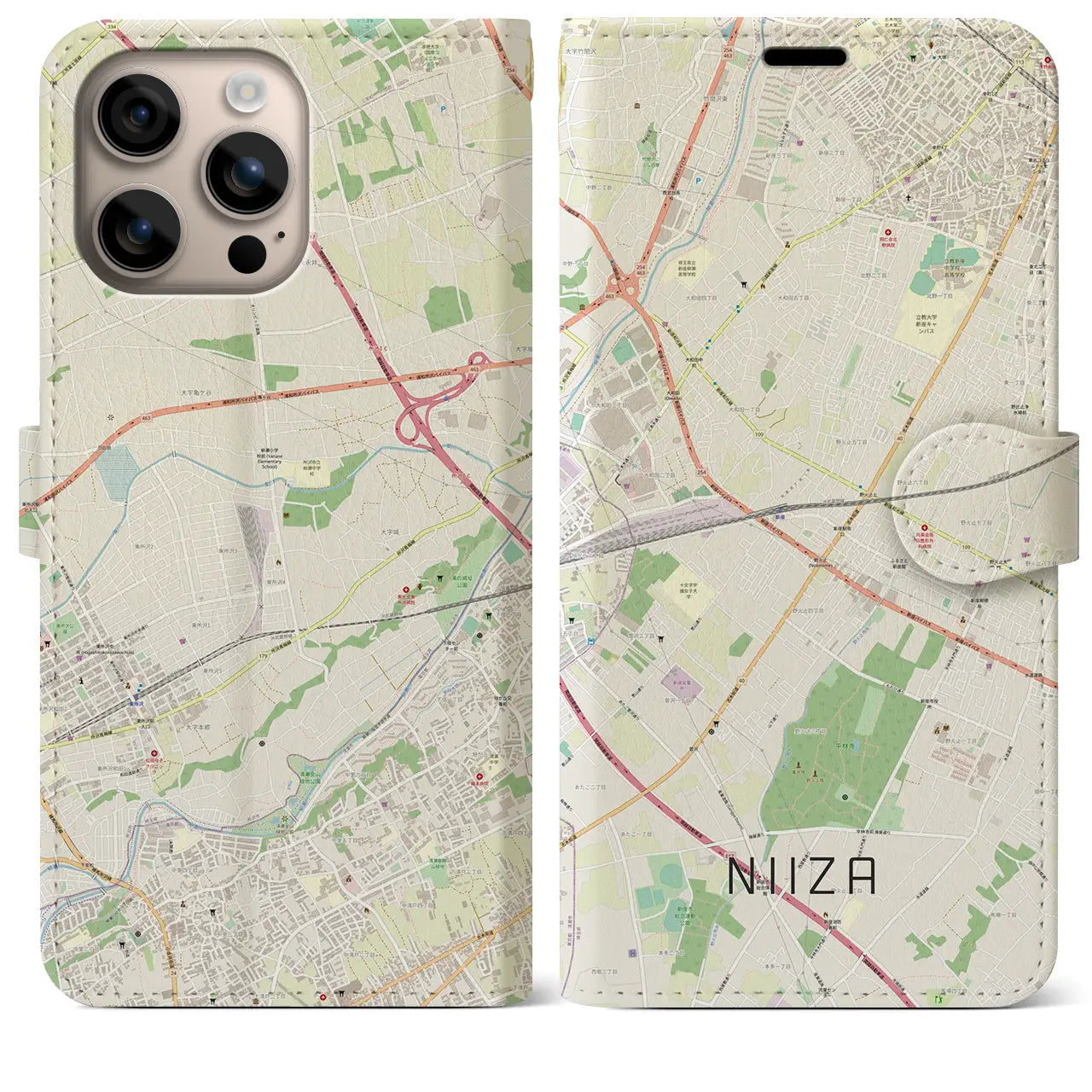 【新座（埼玉県）】地図柄iPhoneケース（手帳タイプ）ナチュラル・iPhone 16 Plus 用