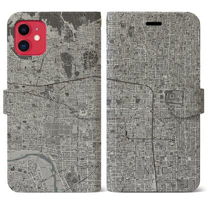 【二条（京都府）】地図柄iPhoneケース（手帳タイプ）モノトーン・iPhone 11 用