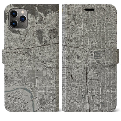 【二条（京都府）】地図柄iPhoneケース（手帳タイプ）モノトーン・iPhone 11 Pro Max 用