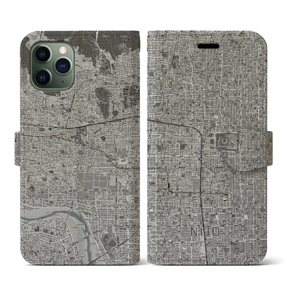 【二条（京都府）】地図柄iPhoneケース（手帳タイプ）モノトーン・iPhone 11 Pro 用