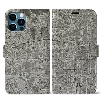 【二条（京都府）】地図柄iPhoneケース（手帳タイプ）モノトーン・iPhone 12 / 12 Pro 用