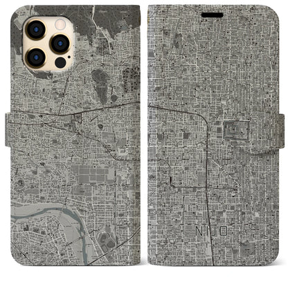 【二条（京都府）】地図柄iPhoneケース（手帳タイプ）モノトーン・iPhone 12 Pro Max 用