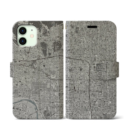 【二条（京都府）】地図柄iPhoneケース（手帳タイプ）モノトーン・iPhone 12 mini 用