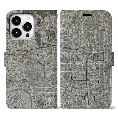 【二条（京都府）】地図柄iPhoneケース（手帳タイプ）モノトーン・iPhone 13 Pro 用