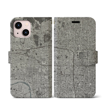 【二条（京都府）】地図柄iPhoneケース（手帳タイプ）モノトーン・iPhone 13 mini 用