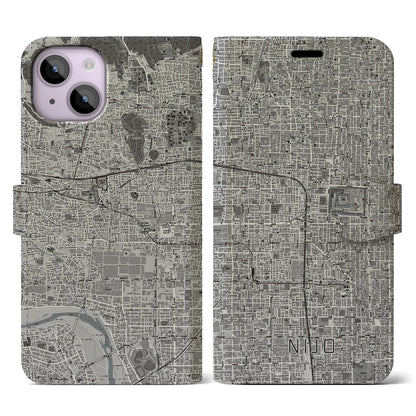 【二条（京都府）】地図柄iPhoneケース（手帳タイプ）モノトーン・iPhone 14 用