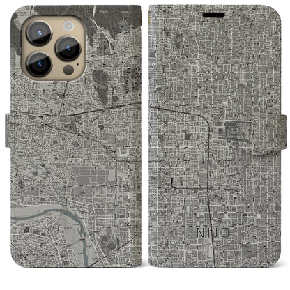 【二条（京都府）】地図柄iPhoneケース（手帳タイプ）モノトーン・iPhone 14 Pro Max 用