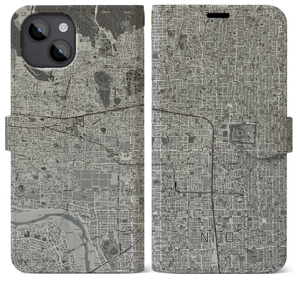 【二条（京都府）】地図柄iPhoneケース（手帳タイプ）モノトーン・iPhone 14 Plus 用