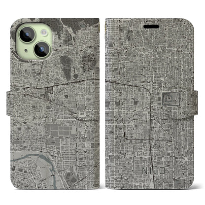 【二条（京都府）】地図柄iPhoneケース（手帳タイプ）モノトーン・iPhone 15 用