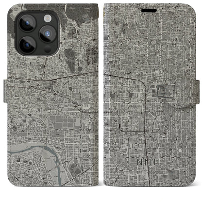 【二条（京都府）】地図柄iPhoneケース（手帳タイプ）モノトーン・iPhone 15 Pro Max 用