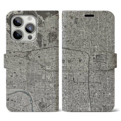 【二条（京都府）】地図柄iPhoneケース（手帳タイプ）モノトーン・iPhone 15 Pro 用
