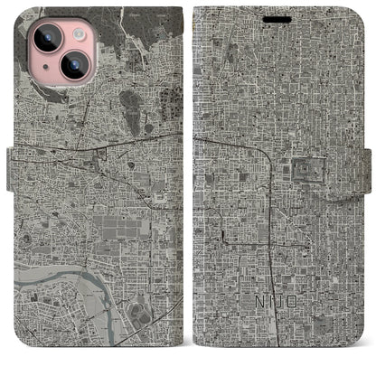 【二条（京都府）】地図柄iPhoneケース（手帳タイプ）モノトーン・iPhone 15 Plus 用