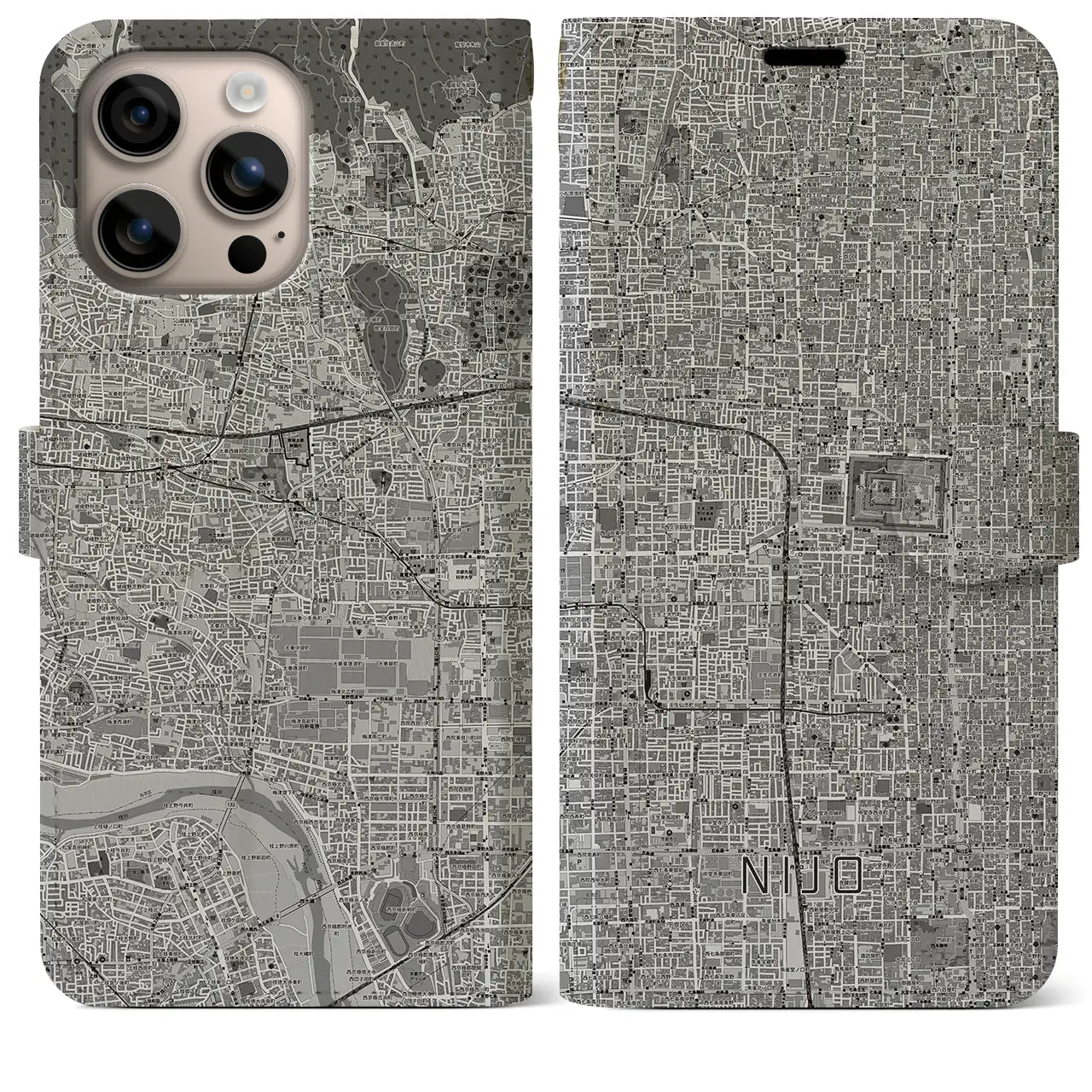 【二条（京都府）】地図柄iPhoneケース（手帳タイプ）モノトーン・iPhone 16 Plus 用