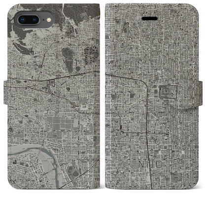 【二条（京都府）】地図柄iPhoneケース（手帳タイプ）モノトーン・iPhone 8Plus /7Plus / 6sPlus / 6Plus 用
