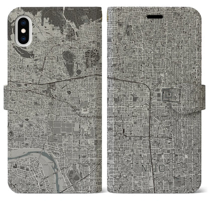 【二条（京都府）】地図柄iPhoneケース（手帳タイプ）モノトーン・iPhone XS Max 用