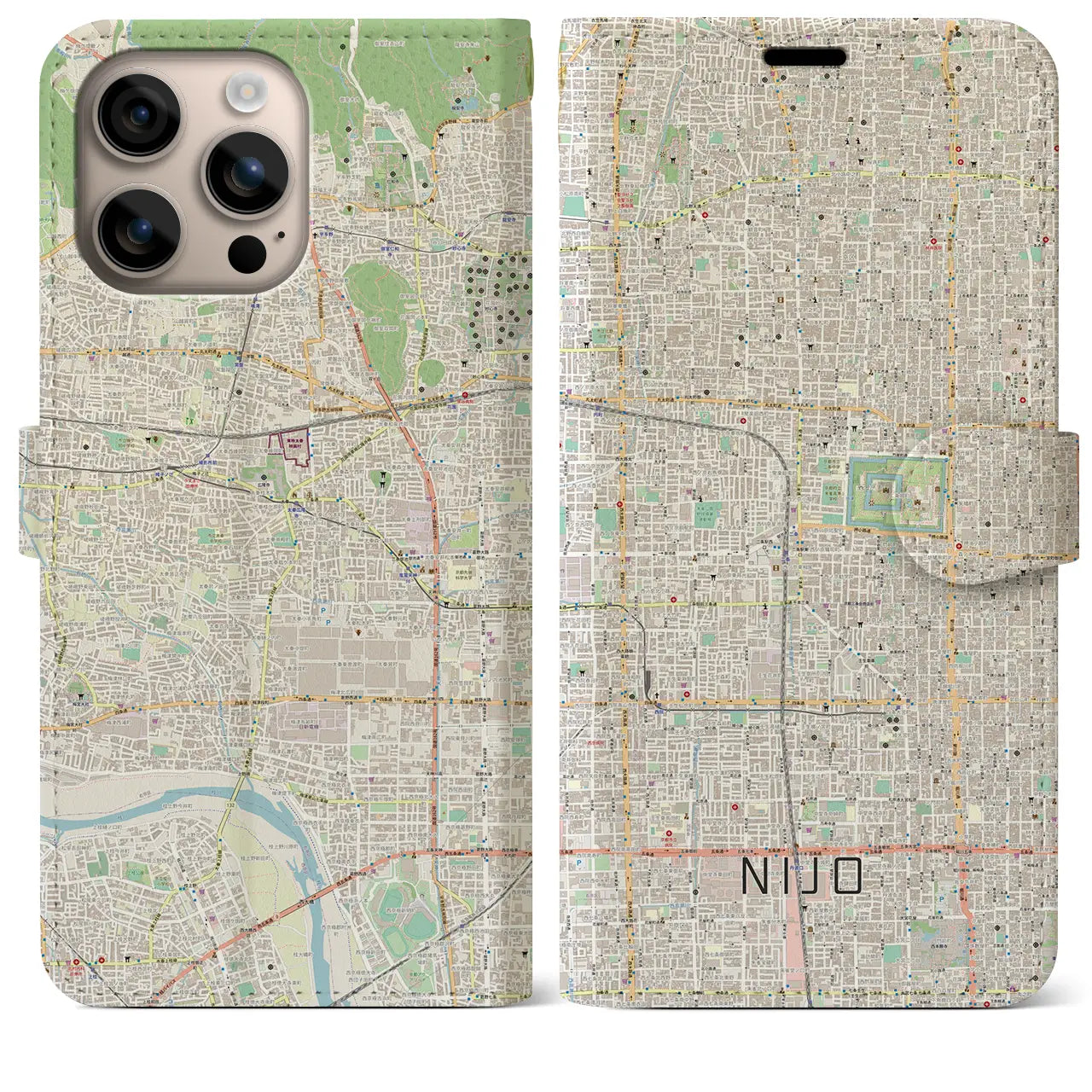 【二条（京都府）】地図柄iPhoneケース（手帳タイプ）ナチュラル・iPhone 16 Plus 用