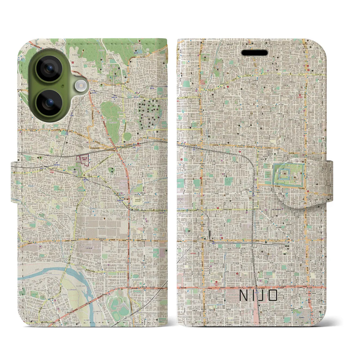 【二条（京都府）】地図柄iPhoneケース（手帳タイプ）モノトーン・iPhone 17 Pro Max 用