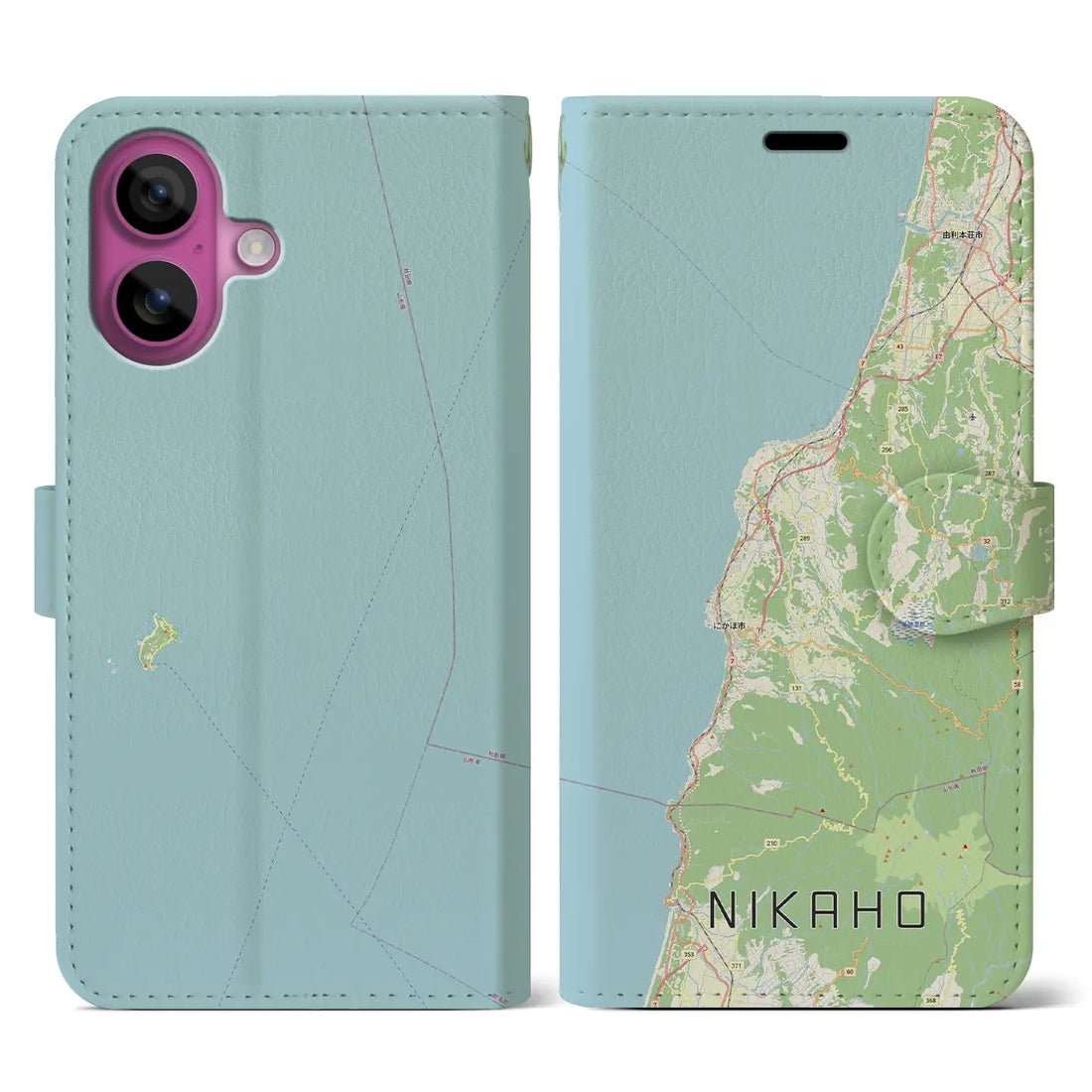 【にかほ（秋田県）】地図柄iPhoneケース（手帳タイプ）モノトーン・iPhone 16 Pro Max 用