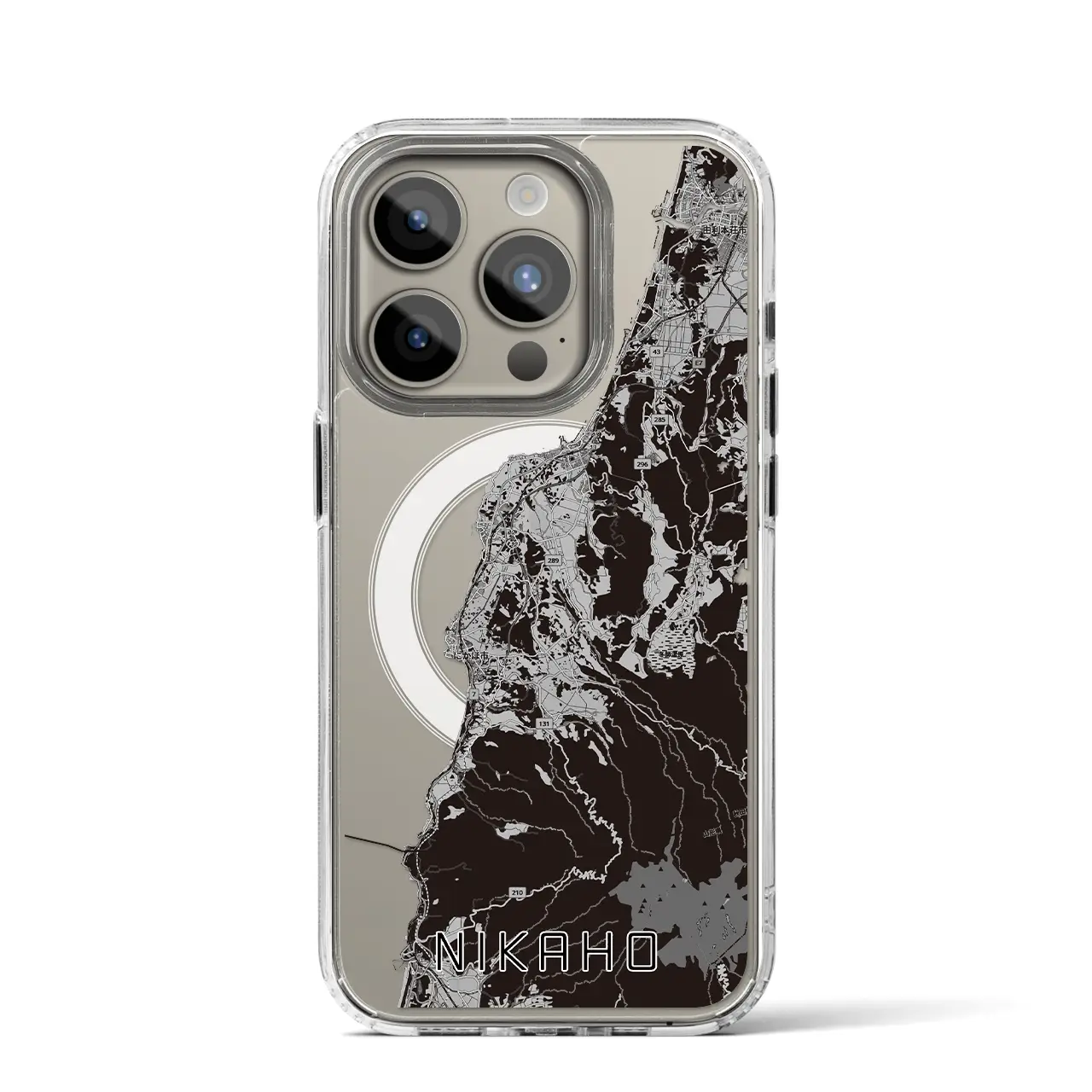 【にかほ（秋田県）】地図柄iPhoneケース（MagSafeタイプ）モノトーン・iPhone 15 Pro 用
