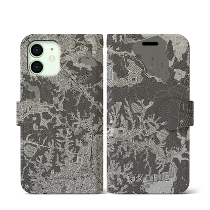 【二階堂（神奈川県）】地図柄iPhoneケース（手帳タイプ）モノトーン・iPhone 12 mini 用