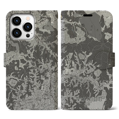 【二階堂（神奈川県）】地図柄iPhoneケース（手帳タイプ）モノトーン・iPhone 13 Pro 用