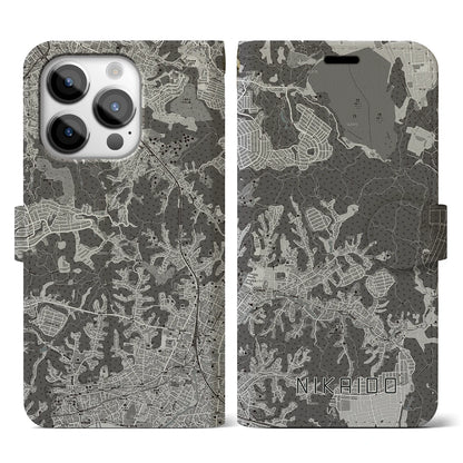 【二階堂（神奈川県）】地図柄iPhoneケース（手帳タイプ）モノトーン・iPhone 14 Pro 用