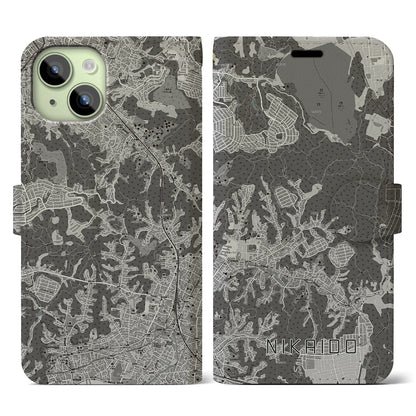 【二階堂（神奈川県）】地図柄iPhoneケース（手帳タイプ）モノトーン・iPhone 15 用