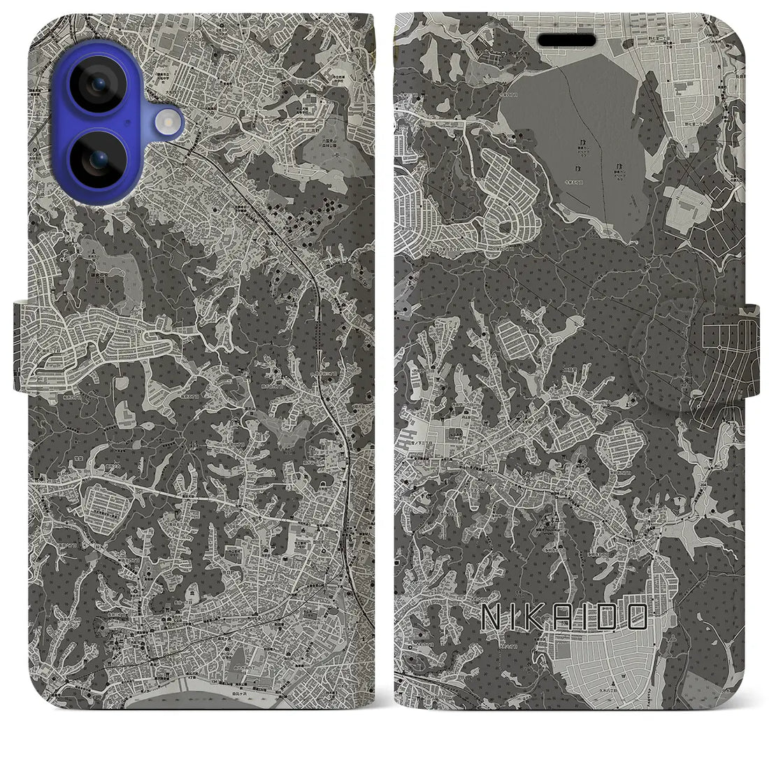 【二階堂(神奈川県)】地図柄iPhoneケース(手帳タイプ)モノトーン・iPhone 16 Pro Max 用