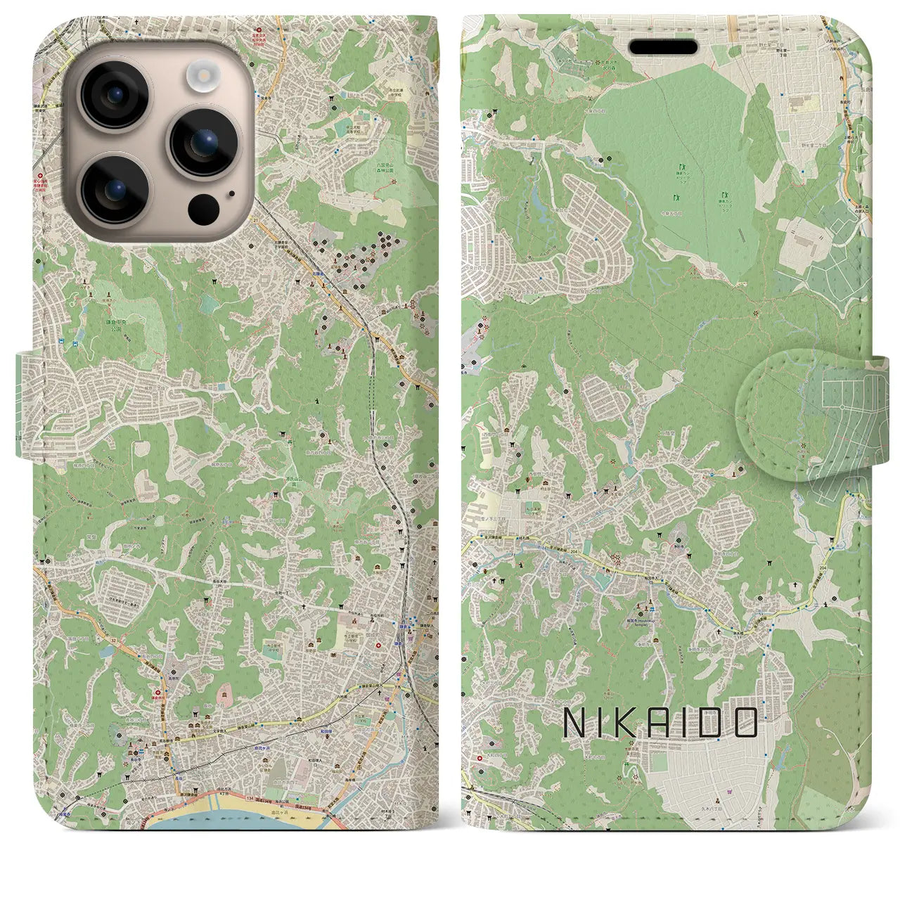 【二階堂（神奈川県）】地図柄iPhoneケース（手帳タイプ）ナチュラル・iPhone 16 Plus 用