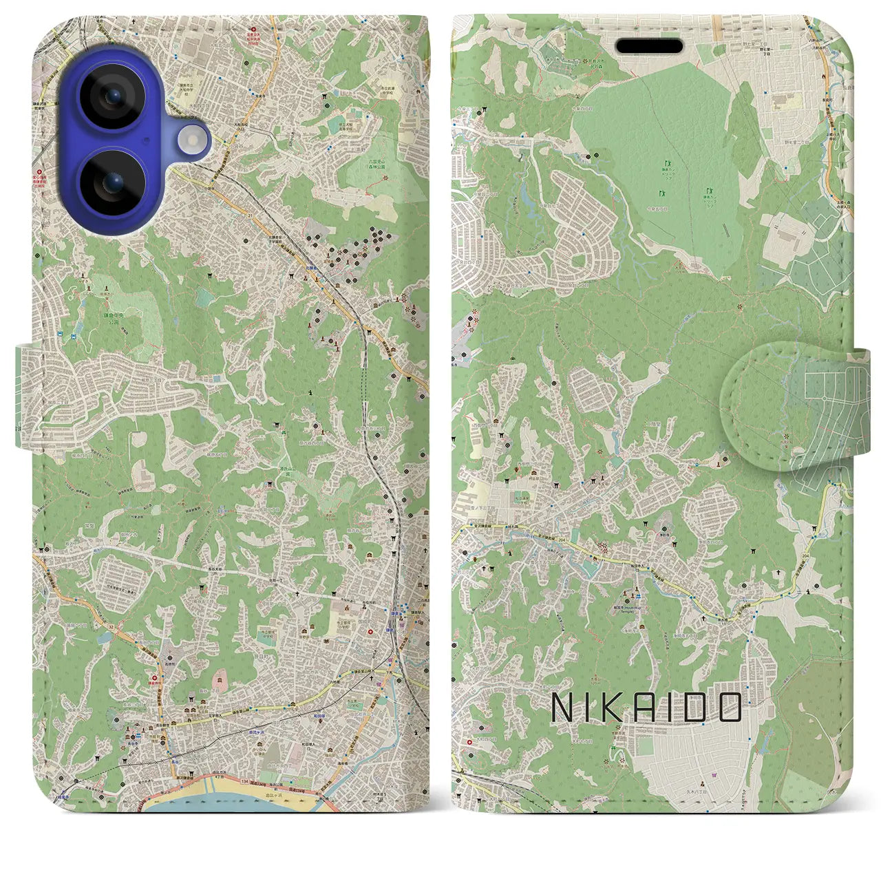 【二階堂（神奈川県）】地図柄iPhoneケース（手帳タイプ）ナチュラル・iPhone 16 Pro Max 用