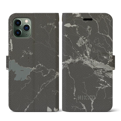 【日光（栃木県）】地図柄iPhoneケース（手帳タイプ）モノトーン・iPhone 11 Pro 用