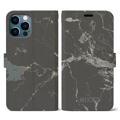 【日光（栃木県）】地図柄iPhoneケース（手帳タイプ）モノトーン・iPhone 12 / 12 Pro 用