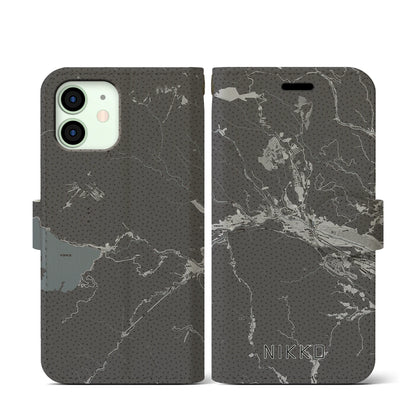 【日光（栃木県）】地図柄iPhoneケース（手帳タイプ）モノトーン・iPhone 12 mini 用