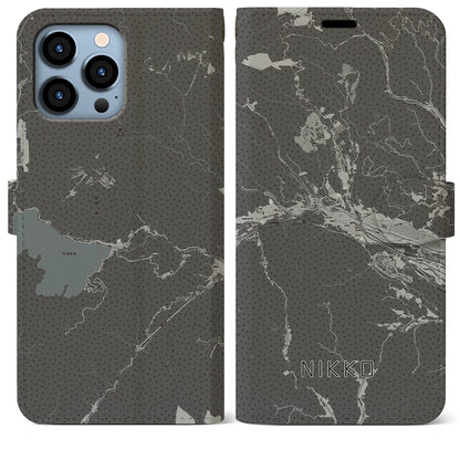 【日光（栃木県）】地図柄iPhoneケース（手帳タイプ）モノトーン・iPhone 13 Pro Max 用