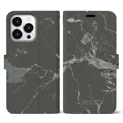 【日光（栃木県）】地図柄iPhoneケース（手帳タイプ）モノトーン・iPhone 13 Pro 用