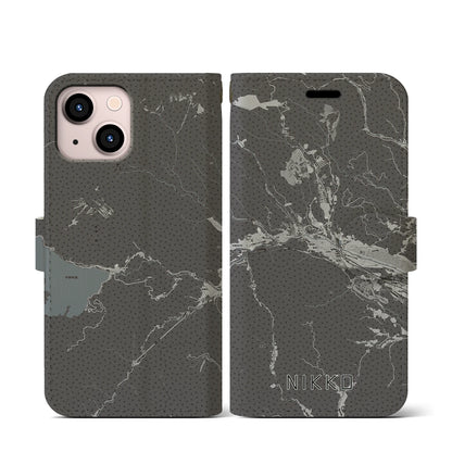 【日光（栃木県）】地図柄iPhoneケース（手帳タイプ）モノトーン・iPhone 13 mini 用