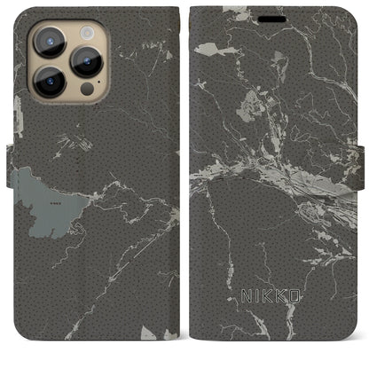 【日光（栃木県）】地図柄iPhoneケース（手帳タイプ）モノトーン・iPhone 14 Pro Max 用