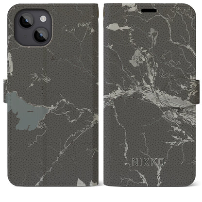 【日光（栃木県）】地図柄iPhoneケース（手帳タイプ）モノトーン・iPhone 14 Plus 用