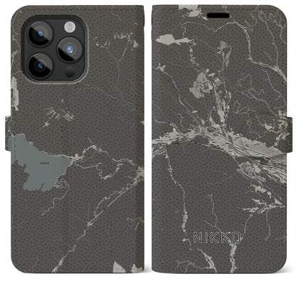 【日光（栃木県）】地図柄iPhoneケース（手帳タイプ）モノトーン・iPhone 15 Pro Max 用