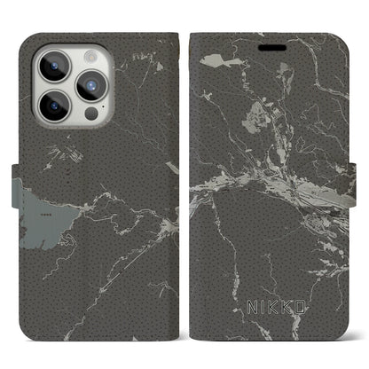 【日光（栃木県）】地図柄iPhoneケース（手帳タイプ）モノトーン・iPhone 15 Pro 用