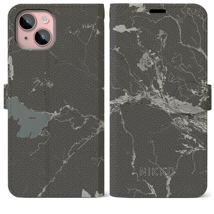 【日光（栃木県）】地図柄iPhoneケース（手帳タイプ）モノトーン・iPhone 15 Plus 用